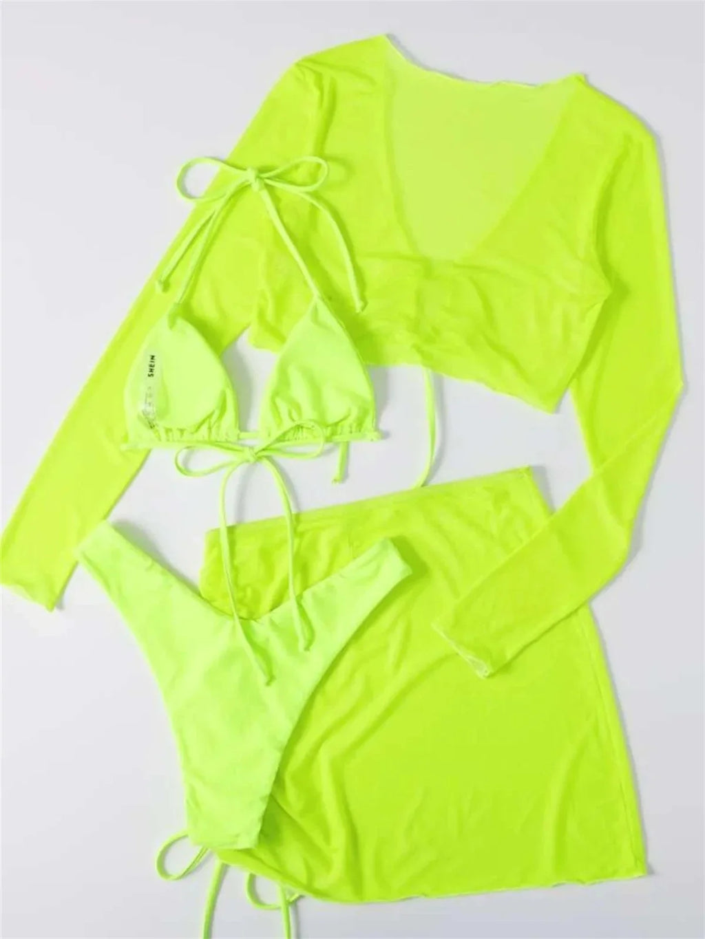 Sexy Neon Green Long Sleeve 4 Piece Bikinis Set Women Mesh Cover-ups Pleate Skirt Swimsuit See Through Bathing Suit Swimwear