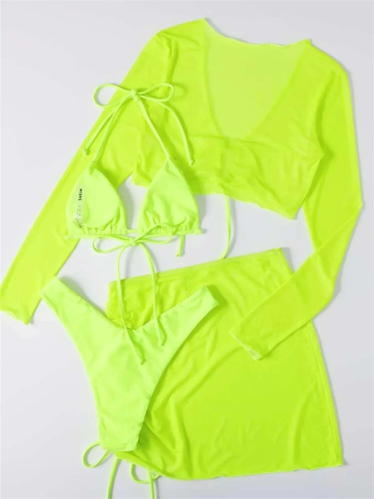 Sexy Neon Green Long Sleeve 4 Piece Bikinis Set Women Mesh Cover-ups Pleate Skirt Swimsuit See Through Bathing Suit Swimwear