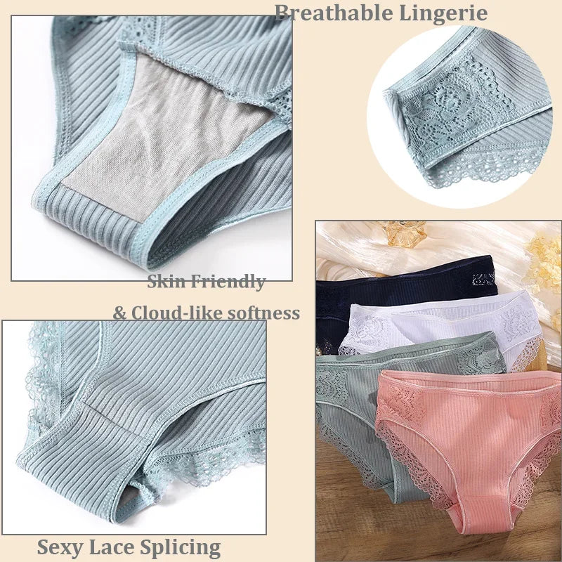 New 3Pcs/set Women's Cotton Panties M-2XL Women Patchwork Lace Underwear Sexy Low Waist Briefs Ladies Comfortable Underpants