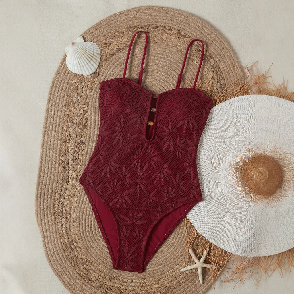 2026 Vintage Coffee Leaves Print One Piece Swimsuit Women Beaded String Hollow Out Backless Mesh Slim Fit Tummy Control Swimwear