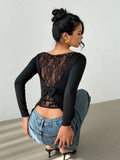Women's Elegant Lace Patchwork Bow Decorate Long Sleeve T-Shirt Casual Asymmetry Hem Slim Fit Boat Collar Pleating Tops 2026