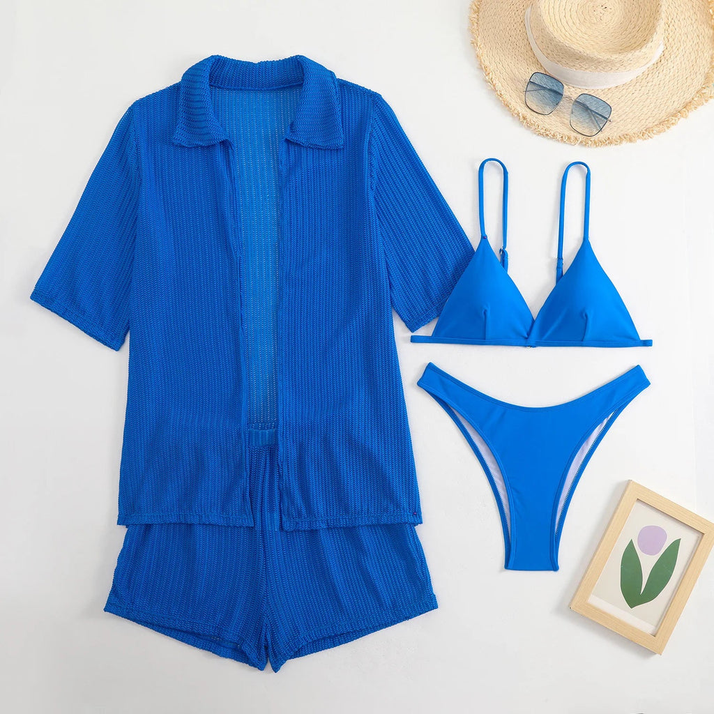 Summer 4 Piece Bikinis Sets Women Black White Mesh Half Sleeve Cover Up with High Waist Panties Swimsuit Bathing Suit Swimwear