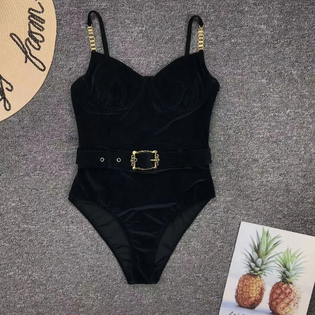 2024 New Sexy Velvet One-Piece Black Bikini Belt Swimsuit Women Solid Push Up Swimwear Female Brazilian Beach Bathing Suit