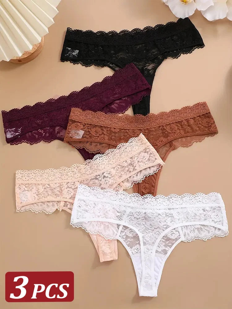 3Pcs Lace Sexy Thongs Women Low-Rise Briefs Sexy Soft Ladies Underwear Trendy Floral Underpants Female Flowery Panty Lingerie