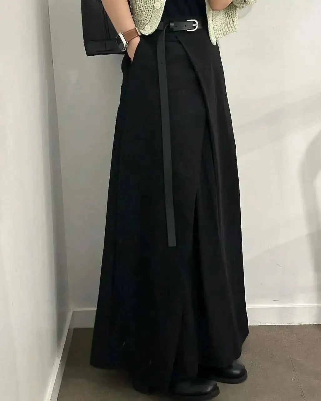 Loose Knee-Length A-Line Skirt Versatile Minimalist Design Commute High Waist Midi Pure Color Polyester Fiber Skirt WDM4
