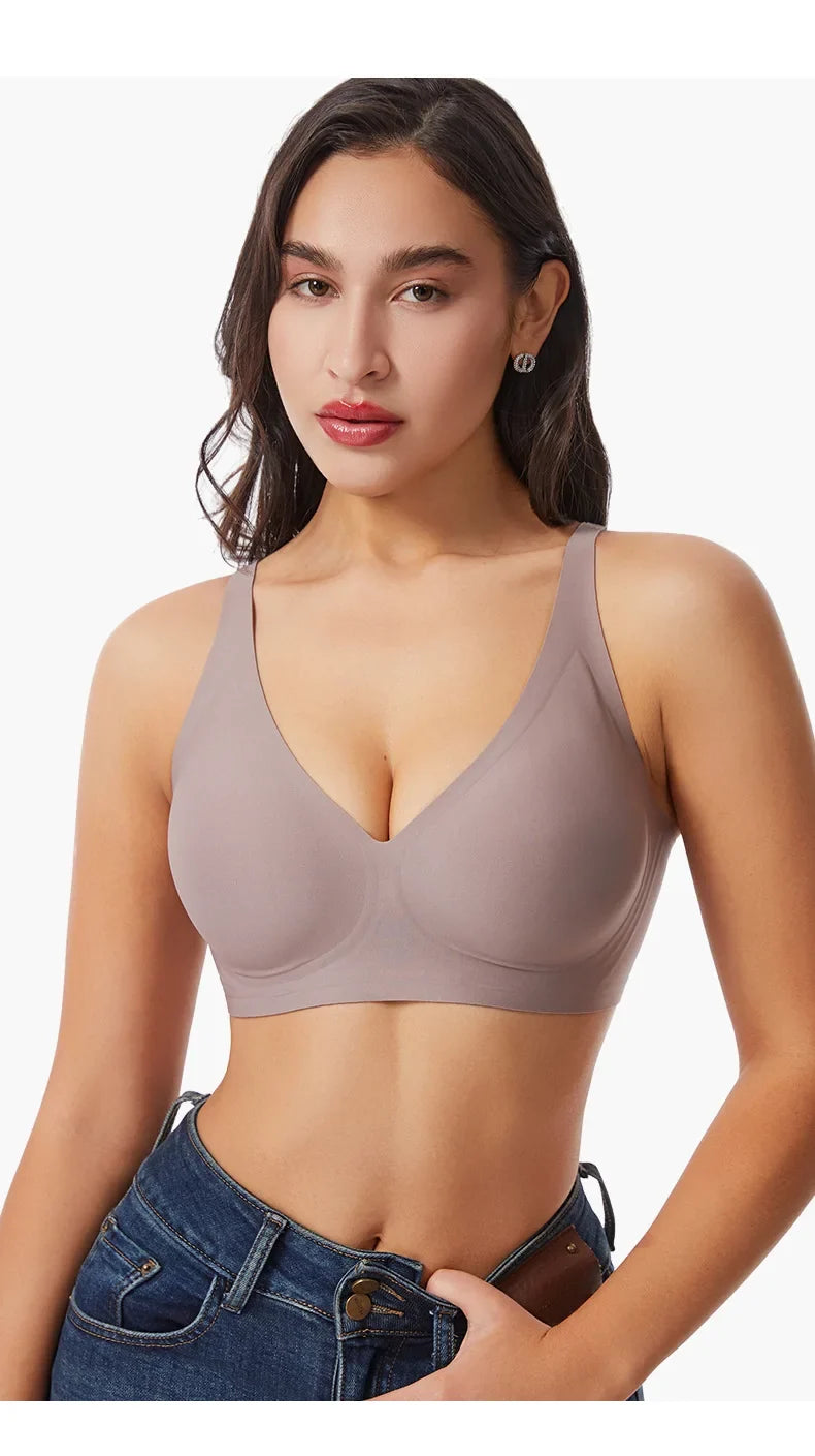 Women's Deep V Jelly Seamless Bra Wire-Free 3D Soft Support Thin Molding Leopard Print Solid Color Comfortable Bra Underwear