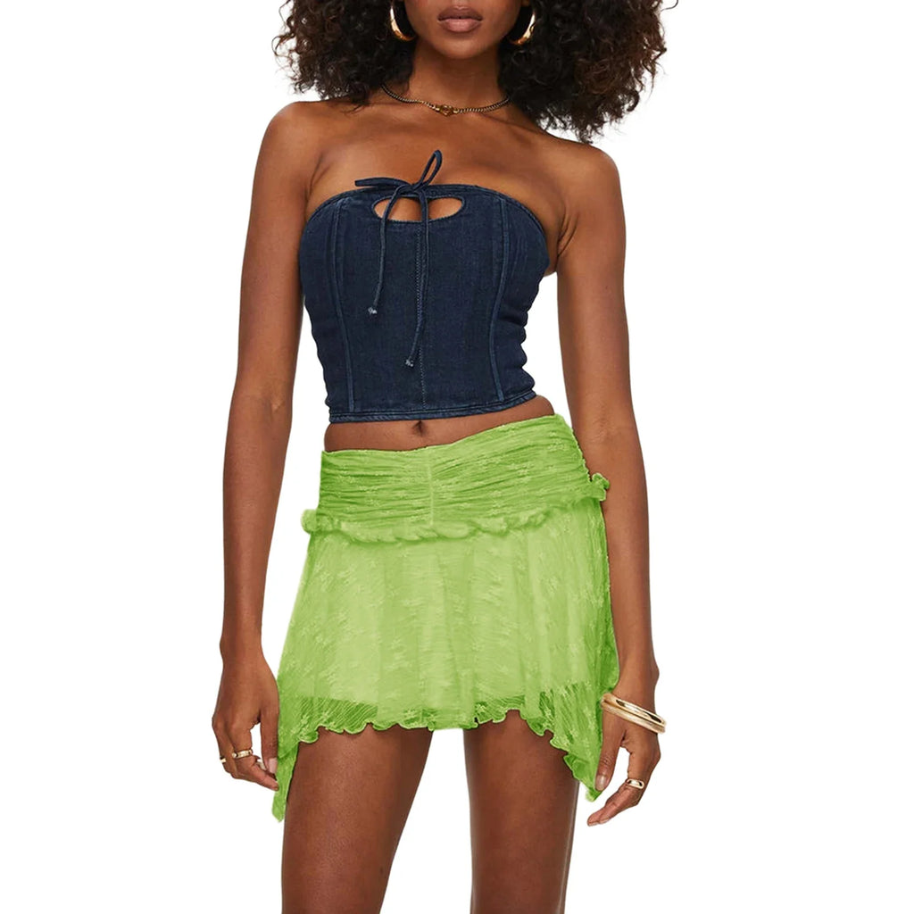 Women's Solid Color Gothic Mini Skirts Lace Ruched High Waist Skirts Spring Summer Irregular Hem Casual Skirts
