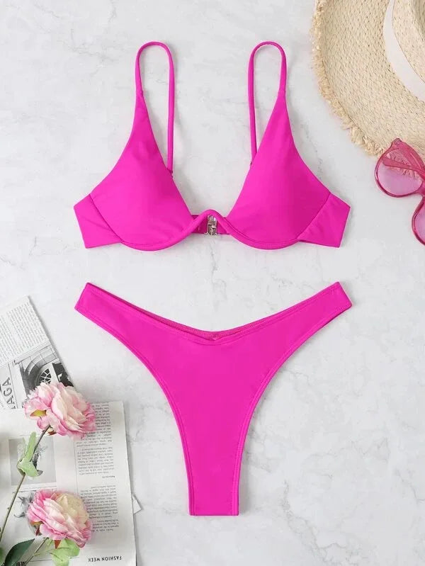 Sexy Underwire Bikini 2026 Mujer Women Solid Red Push Up Bra Thong Swimsuit Haler V Neck Bathing Suit Mini Micro Thong Swimwear