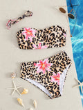 Sexy Bandeau Bikini 2025 Women Pink Floral Leopard Print Push Up 2 Piece Swimsuit Beach Bathing Suit High Waist Swimwear Biquini