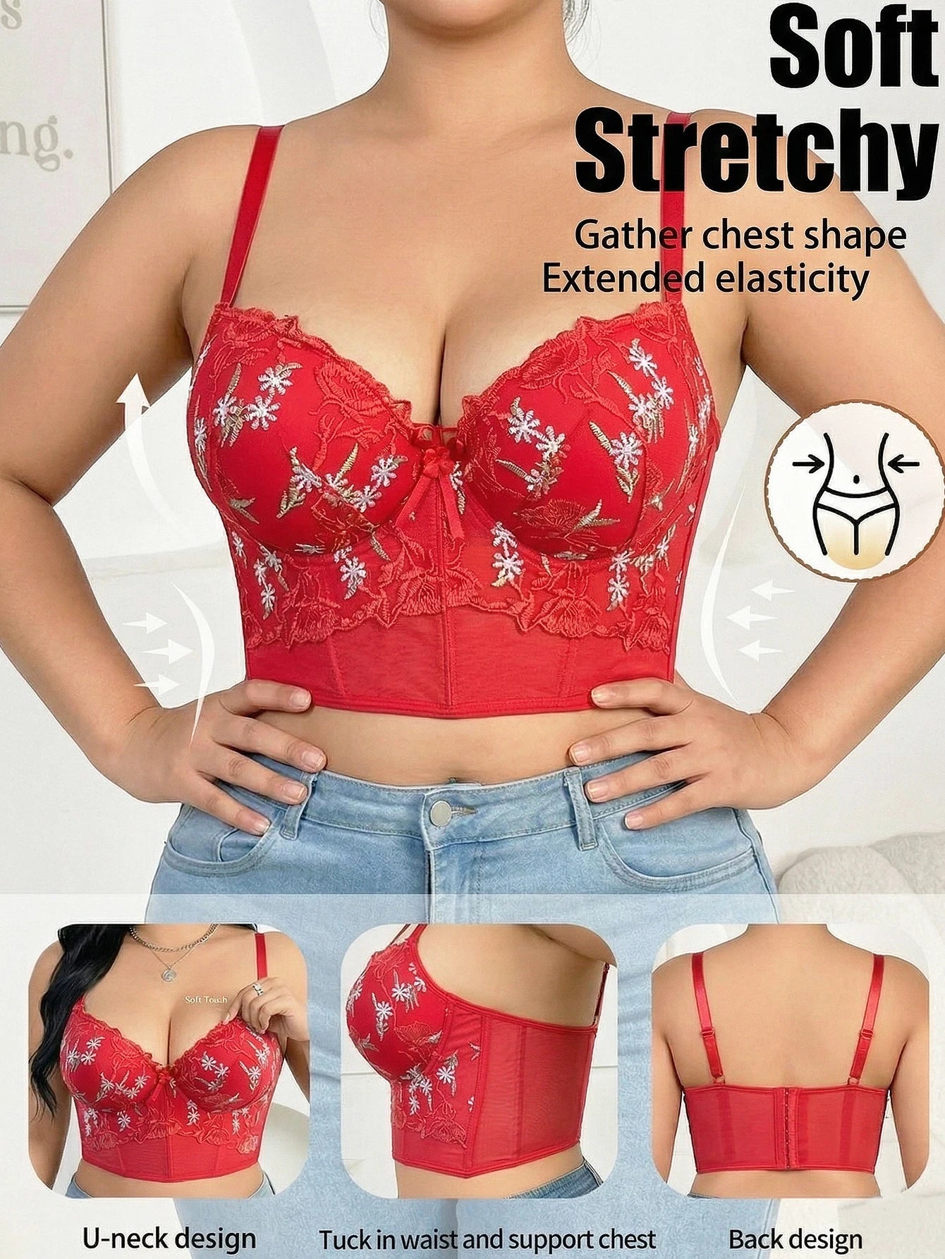 Plus Size Floral Embroidered Lace Bustier Bra – Push Up, Tummy Control & Non-Slip Corset Top