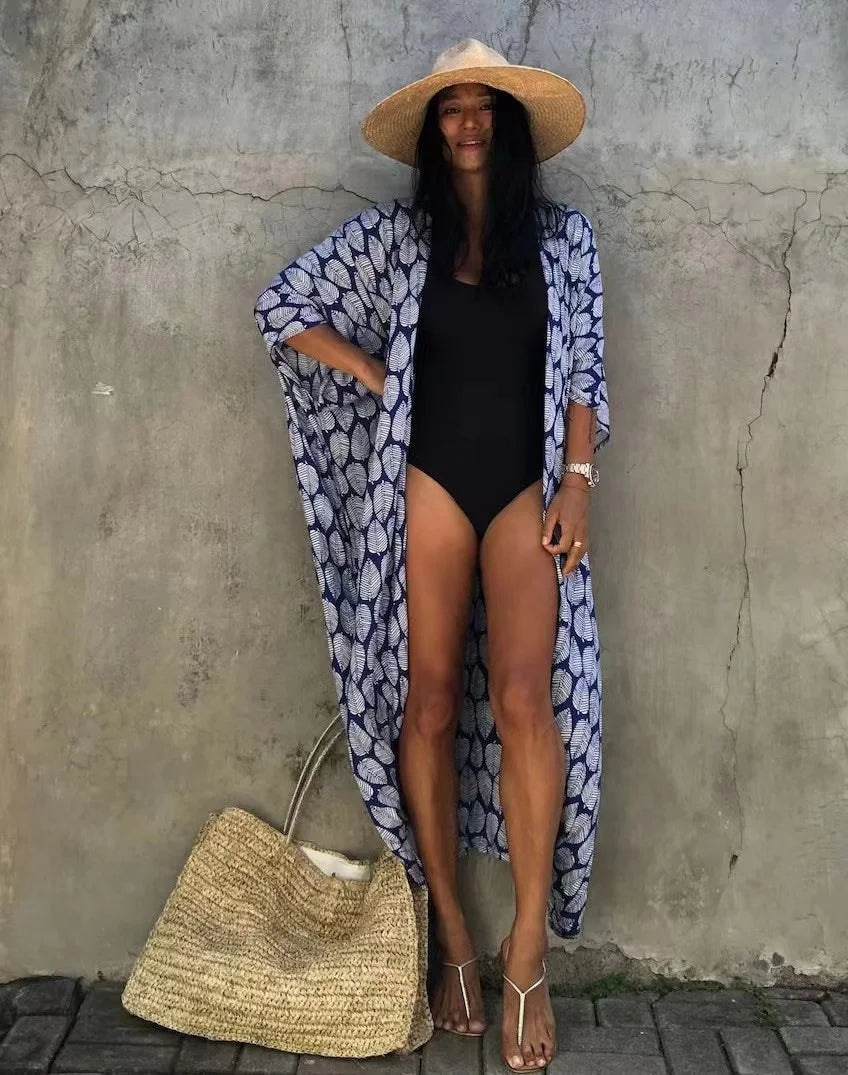 2024 New Summer Sexy Beach Kimono Swimwear Cotton Cover Up Swimsuit Women Print Bikini Cover Up Beachwear Dress Robe