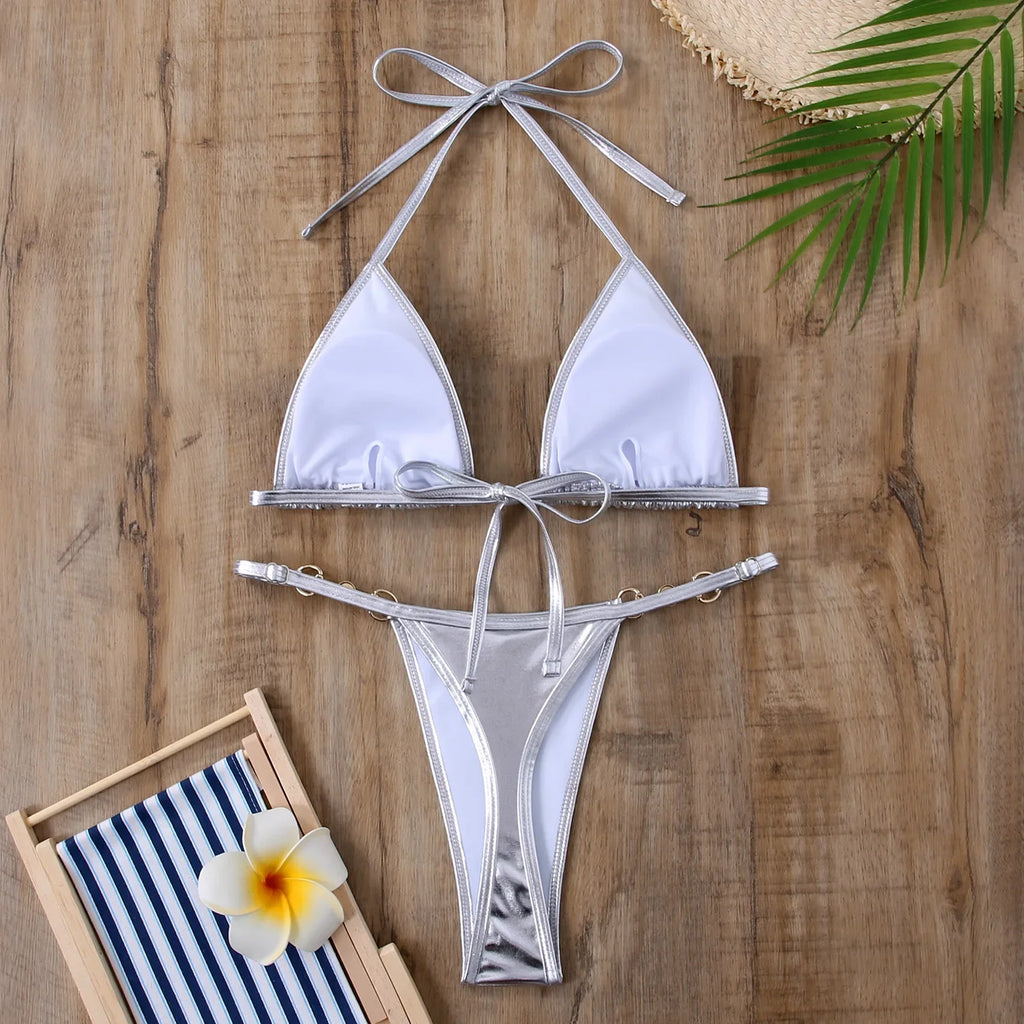 Shiny Pink Micro Bikini 2026 Mujer Women Sexy PU Pearls Push Up Thong Swimsuit Summer Bathing Suit Bandage Holiday Swimwear
