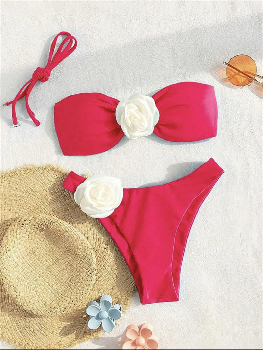3D Flowers Bandeau Bikini 2024 Women Sexy Green Contrast Push Up Micro Swimsuit Bathers Bathing Suit Thong Swimwear Beachwear