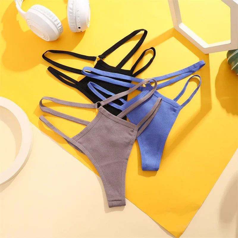 2PCS Women Sexy Cotton Panties Two Belts Hollow Out G-String Thongs Breathable Underwear for Female Solid Color Lingerie S-XL