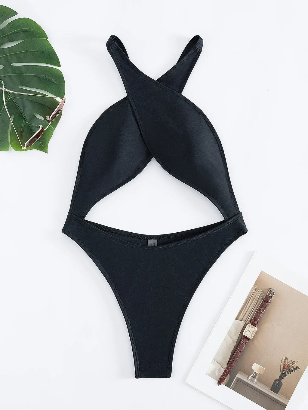Sexy Black Red One Piece Swimsuit Women Halter Cross Hollow Out Bikini 2025 Beach Bathing Suit Backless Bandage Thong Swimwear