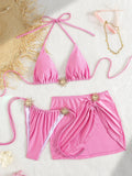 Sexy Pink Bikini 2025 Mujer Women Metal Sun Ornament Push Up Mesh Skirt 3 Piece Swimsuit Summer Bathing Suit Vacation Swimwear