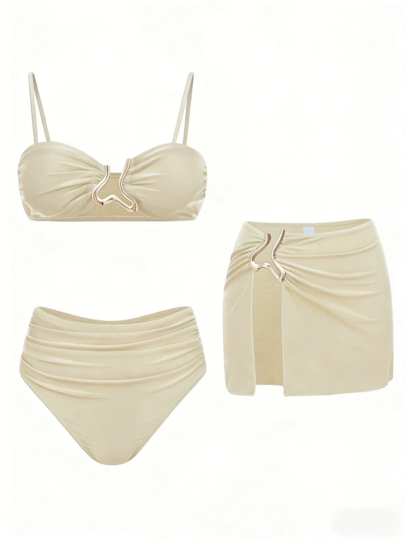 Sexy Detachable Shoulder Bikini Set Women Brown Metal Push Up High Waist Swimsuit 2026 Beach Bathing Suit Skirt 3 Piece Swimwear