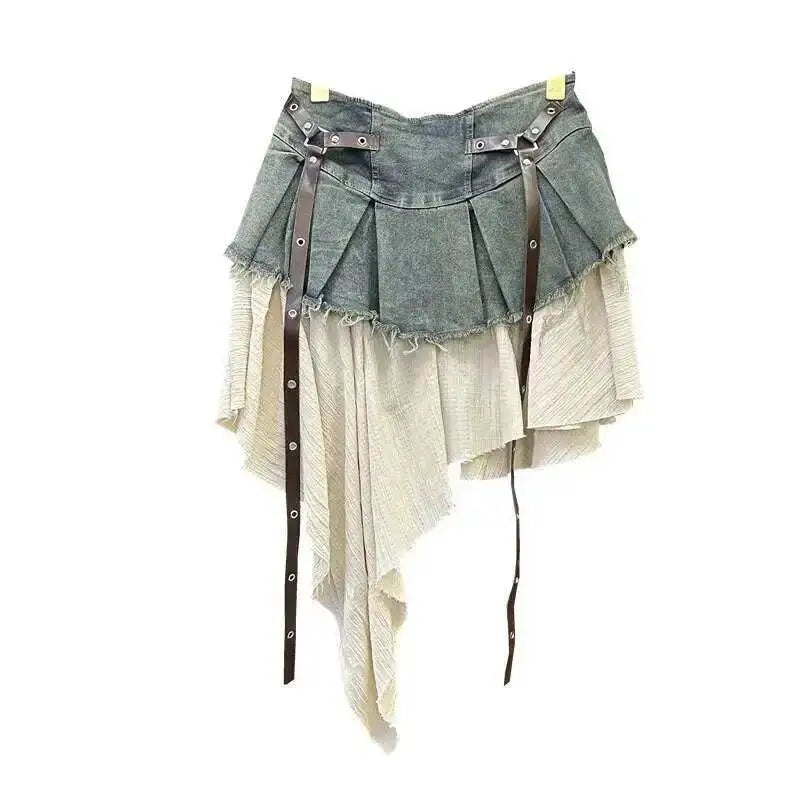 Retro Spliced Denim Pleated Skirt For Women Summer New Temperament Hot Girl Fashionable High Waist A-line Skirt Fashion AS1C