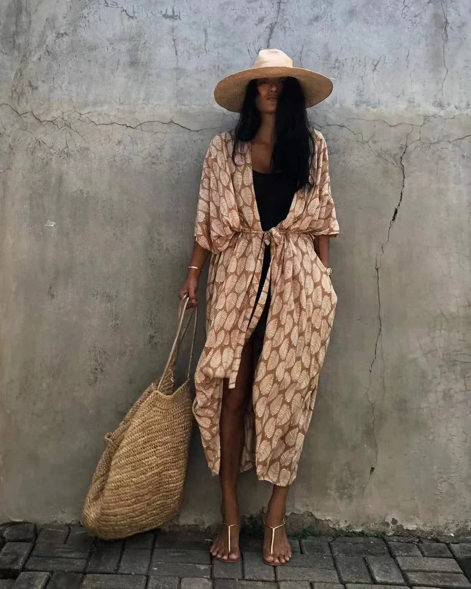 2024 New Summer Sexy Beach Kimono Swimwear Cotton Cover Up Swimsuit Women Print Bikini Cover Up Beachwear Dress Robe