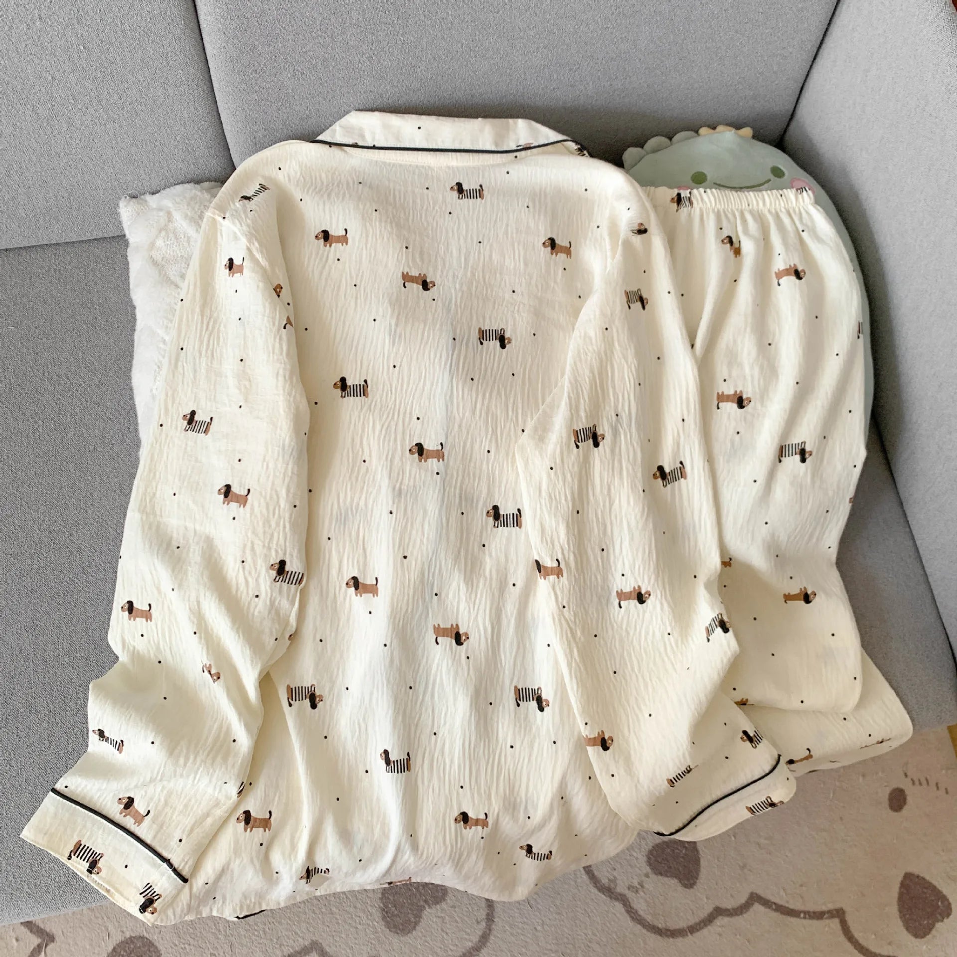 Women's Pajama Set Thin Cotton Cardigan Long Sleeve Pants Spring and Autumn Cartoon Dachshund Home Wear Set for Women Sleepwear