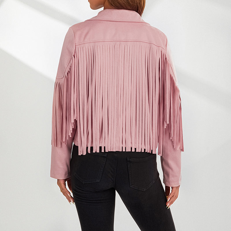 Women Spring Autumn Slim Long Sleeve Open Front Coat Solid Color Collared Jacket with Tassels Black/ Coffee/ Pink