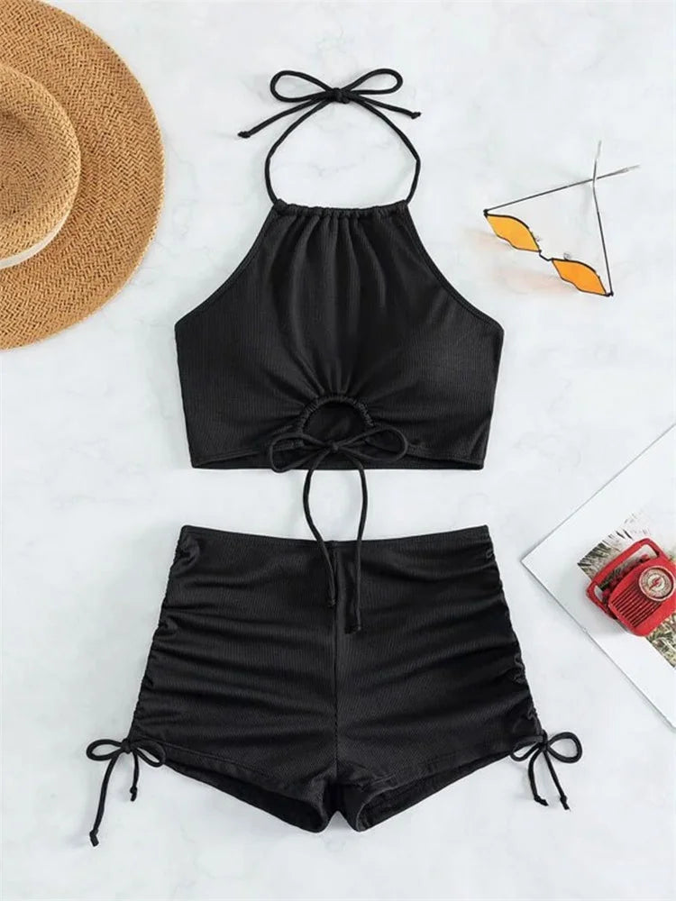 Sexy Ring Linked Pleate Bikini Set Women Brown Cut Out Push Up Two Piece Swimsuit 2024 Bathing Suit High Waist Panties Swimwear