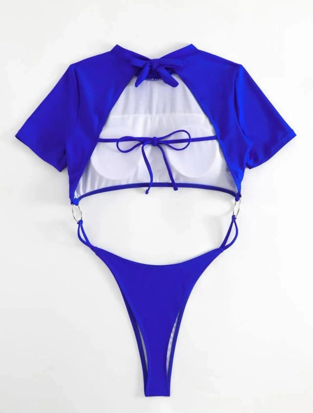 Bikini Women Swimsuit 2024 Blue Short Sleeve Hollow Out Thong Monokini Brazilian Beach Bathing Suit Push Up One Piece Swimwear