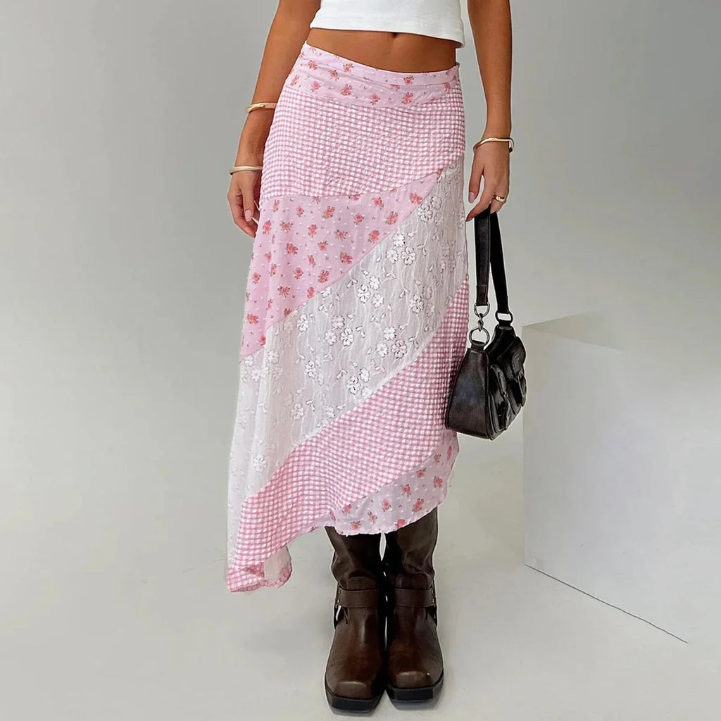 New Irregular Women Lace Flowy Midi Skirt Vintage Low Waist Floral Print Long Skirt Lightweight Summer Sexy Club Party Skirt