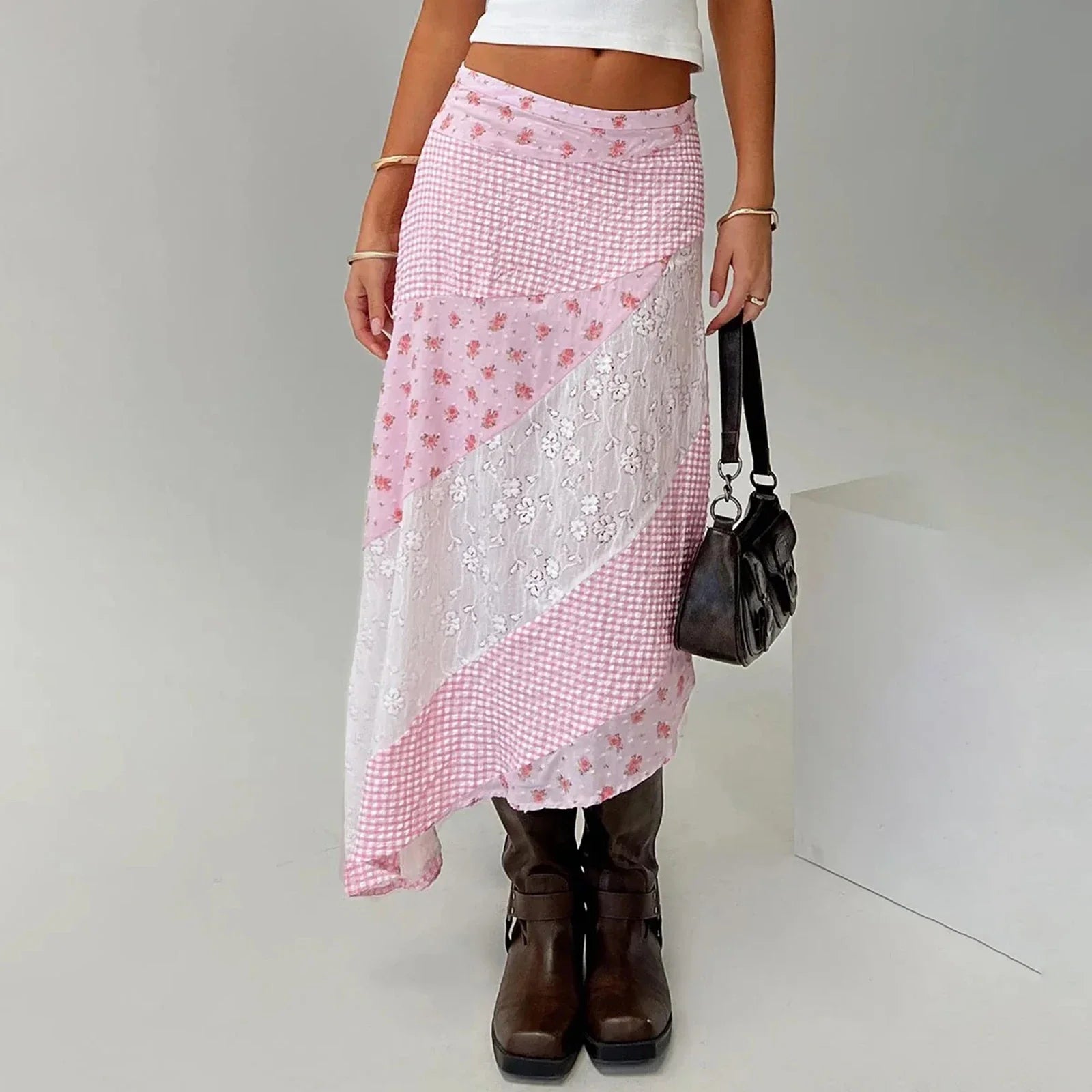 New Irregular Women Lace Flowy Midi Skirt Vintage Low Waist Floral Print Long Skirt Lightweight Summer Sexy Club Party Skirt