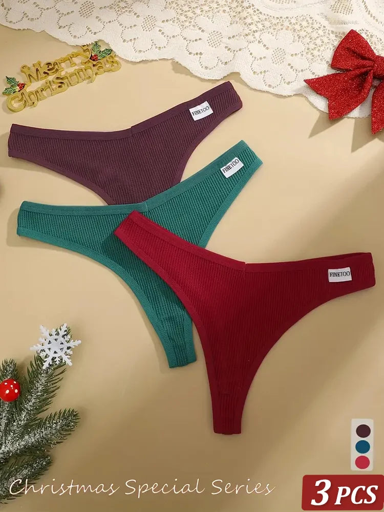 3Pcs Women Christmas Waffle Style G-string Cotton Panties Ladies Soft Thongs Female S-XL Low-Rise T-Back Panties Bikini Bikini