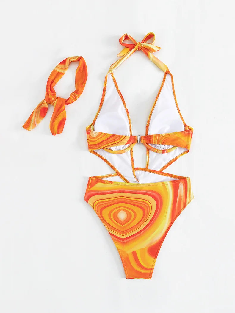 Orange Tie Dye Gradient One Piece Swimsuit 2025 Women Hollow Out Underwire Backless Monokini Beach Bathing Suit Band Swimwear