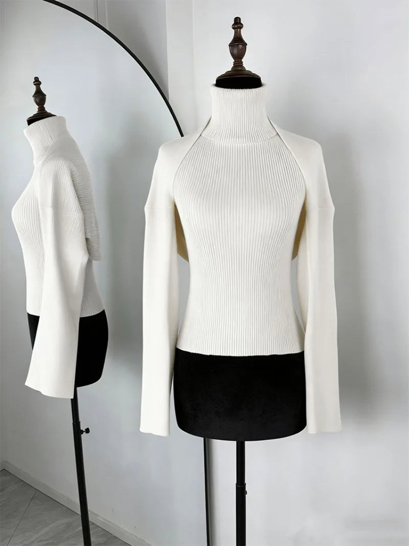 Trendix Knit Tank Top Sets For Women Fashion High Neck Vest And Long Sleeve Shawl 2 Piece Suits Sexy Backless Knitwear Top Femme