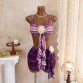 Sexy 3D Floral Bikini Set Women Purple Striped Pleate Push Up Bra Skirt 3 Piece Swimsuit Beach Bathing Suit Vacation Swimwear
