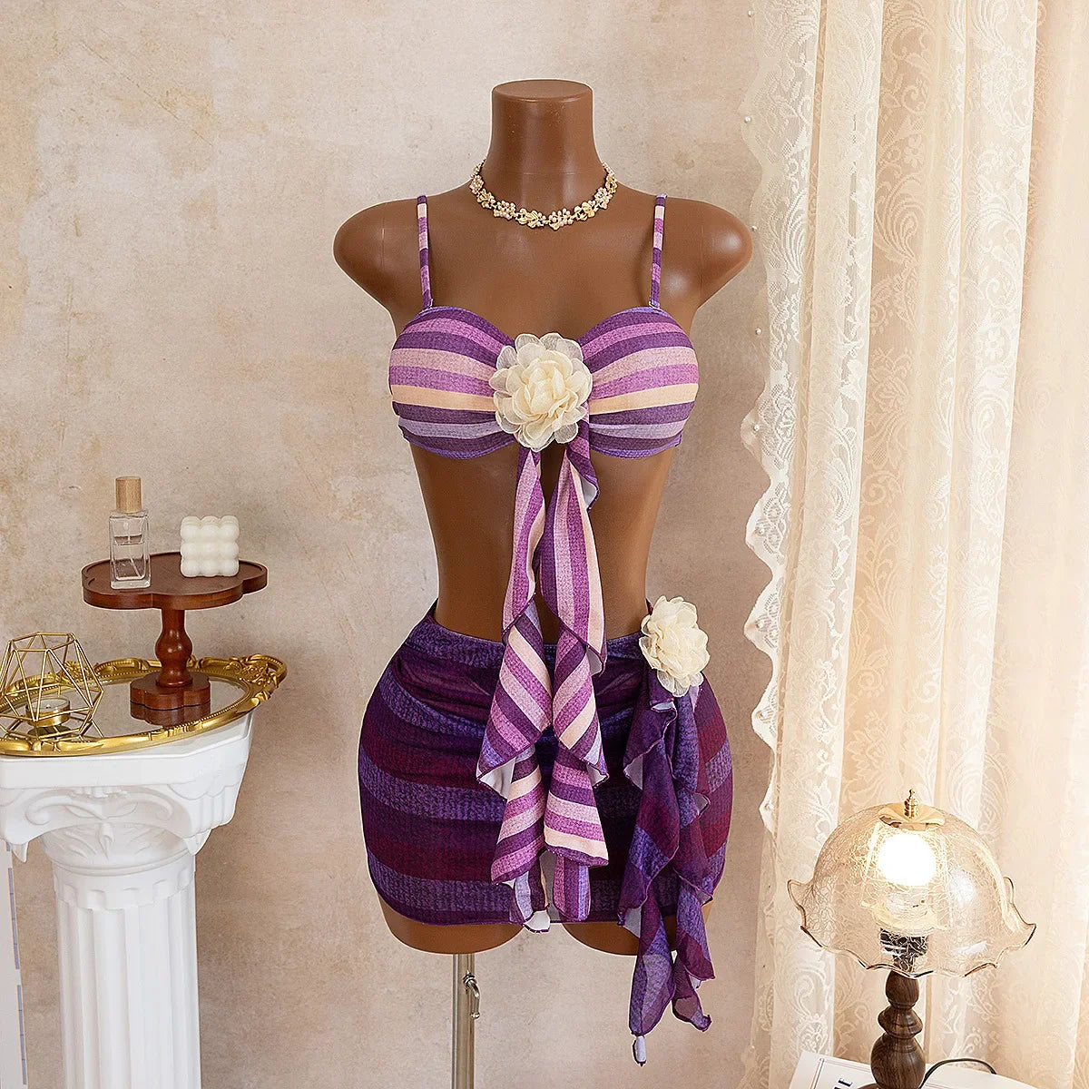 Sexy 3D Floral Bikini Set Women Purple Striped Pleate Push Up Bra Skirt 3 Piece Swimsuit Beach Bathing Suit Vacation Swimwear