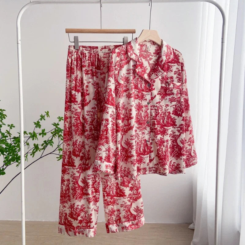 Ink Printed Ice and Snow Silk Pajama Set for Women Spring and Autumn Simple Small Lapel Long Sleeve Home Clothes Nightwear