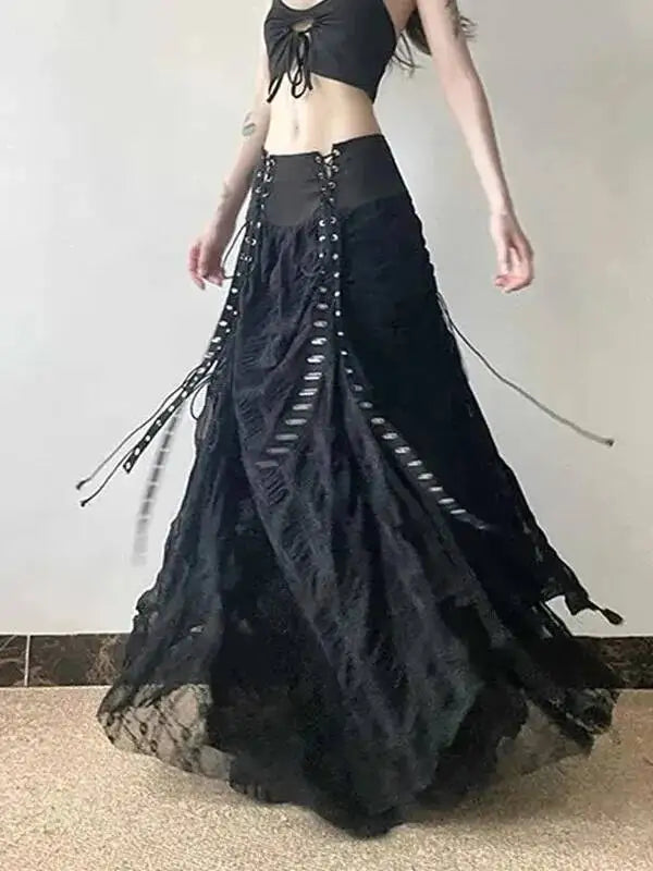 Y2K Lace Mesh Long Skirt Women Harajuku Vintage Patchwork Bandage Black Skirts Gothic Aesthetic High Waist Chic Long Skirts ODU6