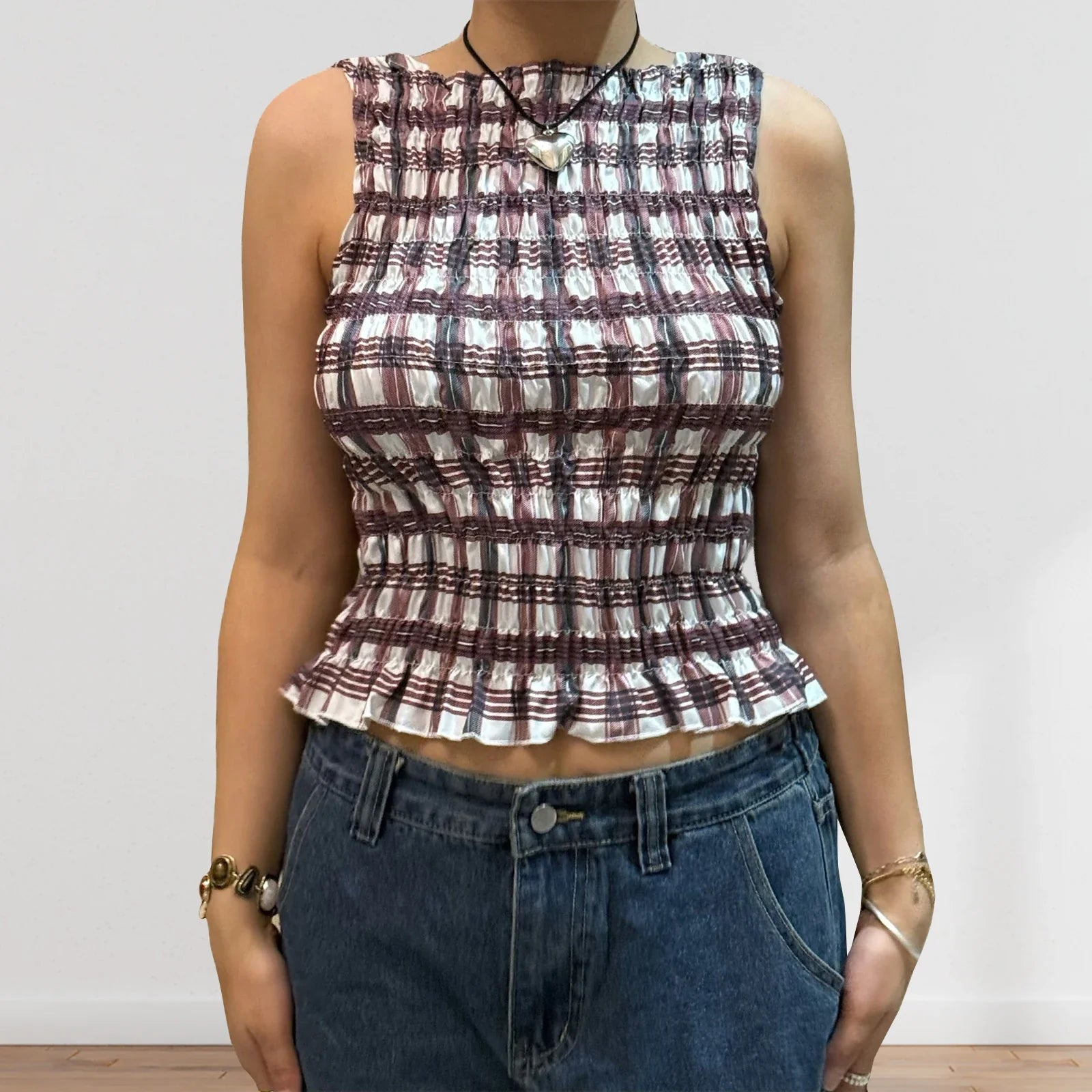 Women Summer Smock Tank Tops Casual Fashion Ruffle Hem Plaid Print Sleeveless Shirt Basic Vest Streetwear