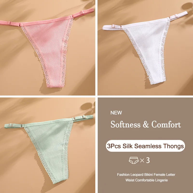 3Pcs G-String Cotton Sexy Women Thongs Adjustable Belt Seamless Panties Breathable Low Waist Lingerie Female Soft Solid Color