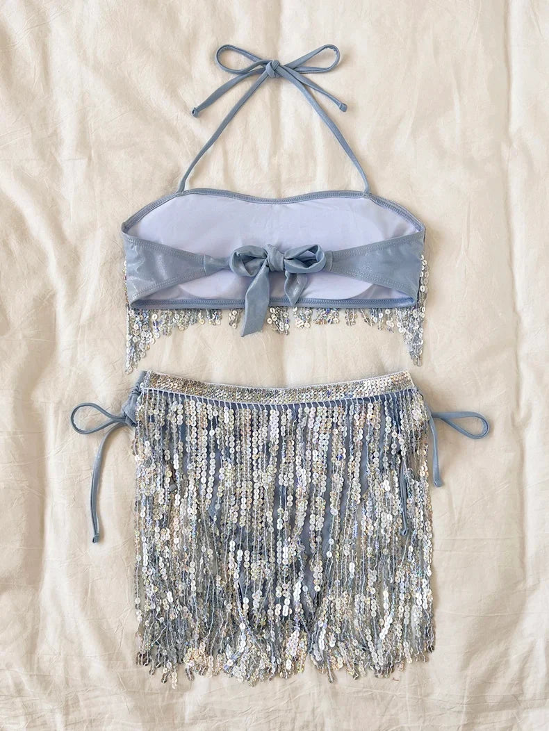 Shiny Glitter Bikini Set 2025 Women Sexy Bandeau Push Up Sequin Tassel Swimsuit Ladies Beach Bathing Suit High Waist Swimwear