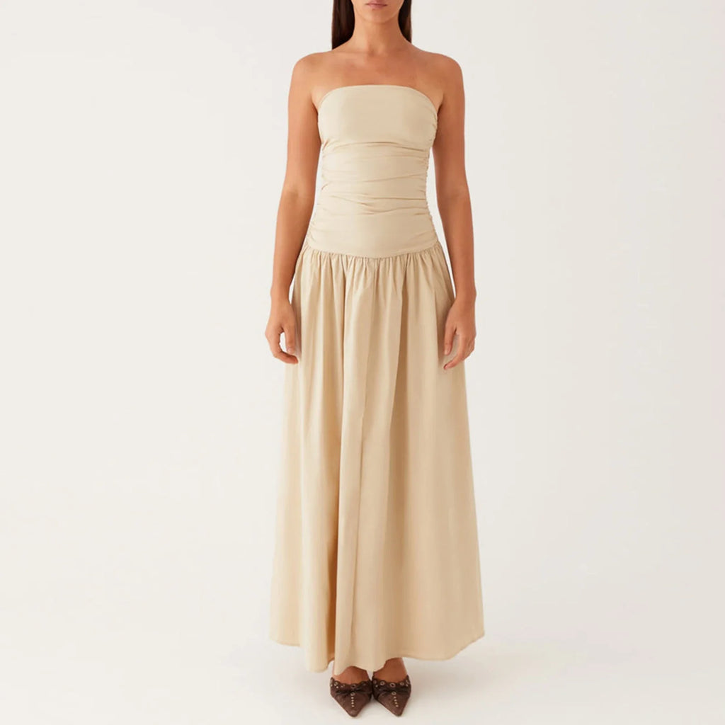 Elegant Strapless Maxi Tube Dress Women Ruched Long Sundress Boat Neck Sleeveless Strapless Flowy Dresses Party Clubwear