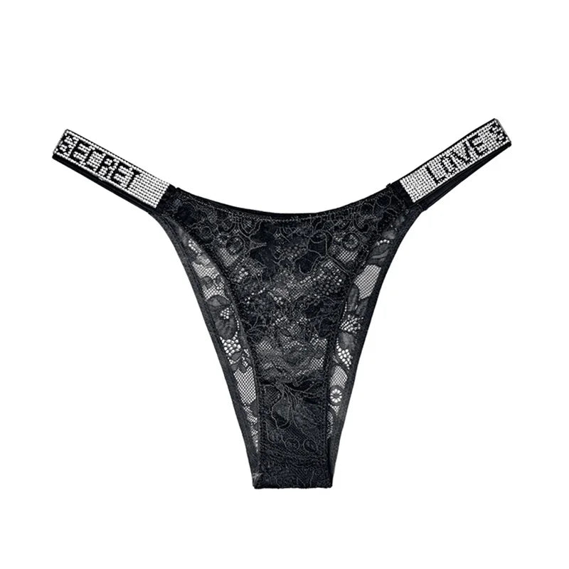 Rhinestone Lace Letter Sexy G String Women Panties Seamless Girls Underwear Transparent Thong For Female Low Rise Ladies Briefs