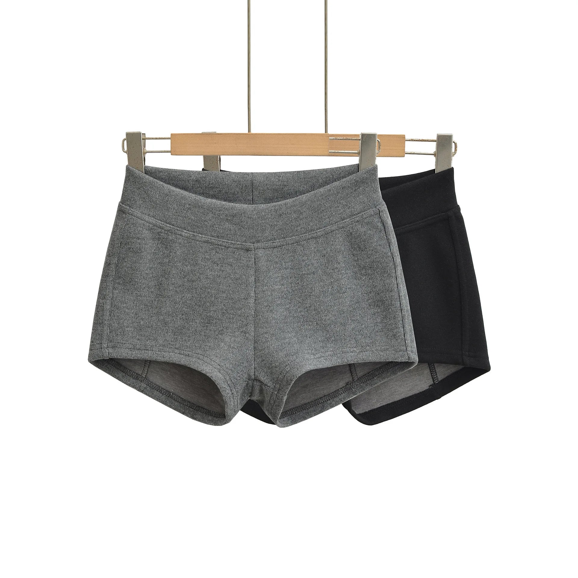 Gray Ribbed Knit Shorts For Women High Elastic Waist Soft Fabric Relaxed Fit Style For Casual Daily Stylish Under Shorts XK6F