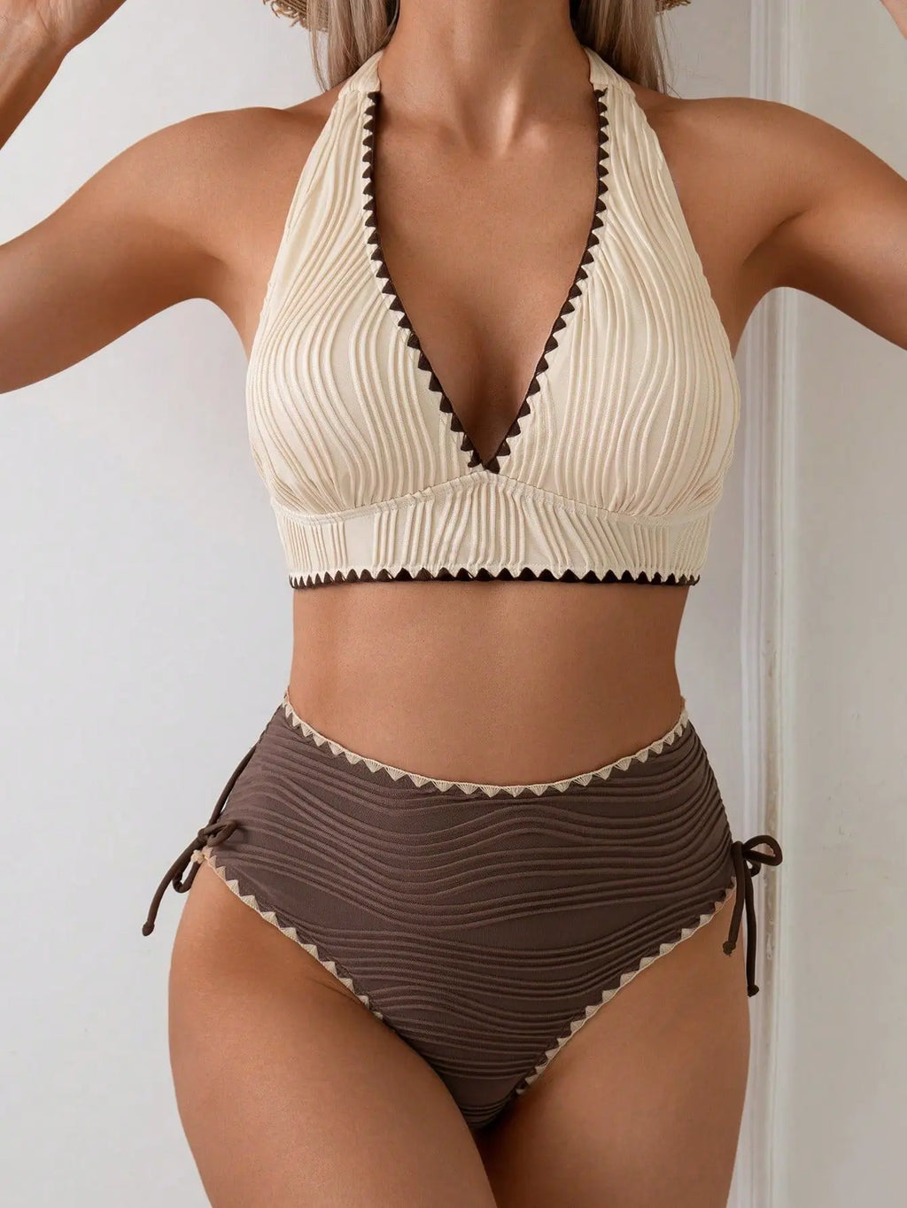 2026 Sexy Khaki Patchwork Two Piece Bikini Set Women Push Up Drawstring Side High Waist Swimsuit Holiday Bathing Suit Swimwear