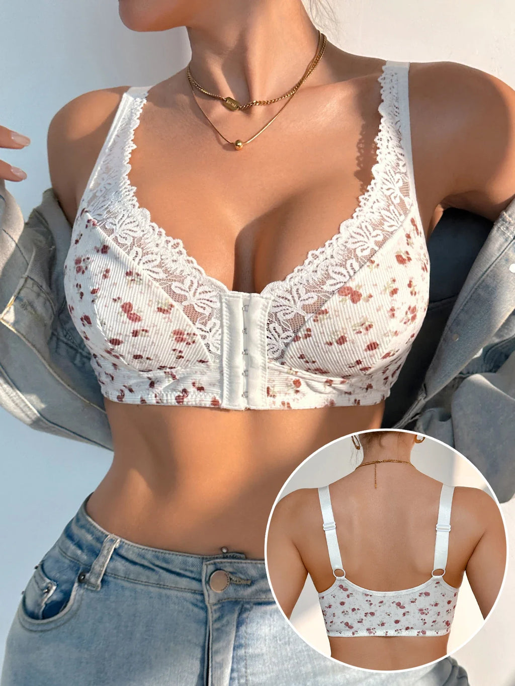 Women's Ditsy Floral Lace Wireless Bra Adjustable Straps Mesh Unlined Comfortable Daily Bralette for Women
