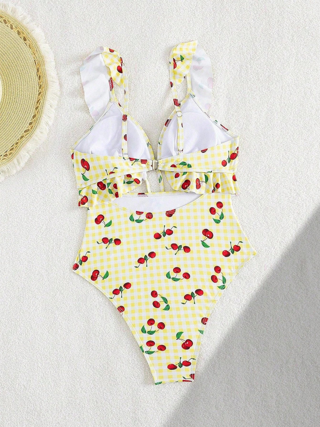 Vintage Pink Starberry Print One Piece Swimsuit 2026 Women Ruffles Bandage Cross High Waist Bikini Beach Bathing Suit Swimwear