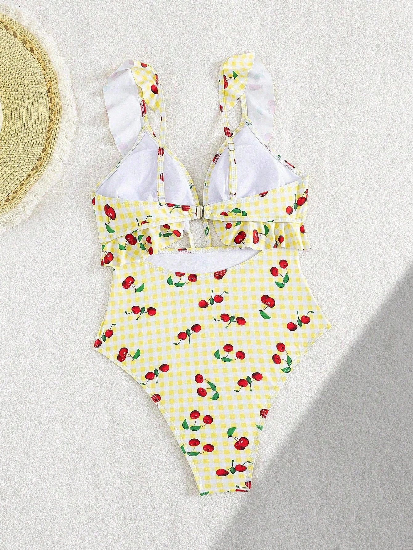 Vintage Pink Starberry Print One Piece Swimsuit 2026 Women Ruffles Bandage Cross High Waist Bikini Beach Bathing Suit Swimwear