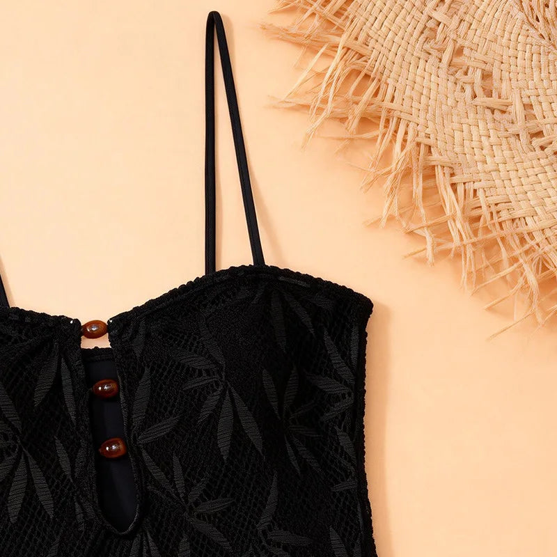 2026 Vintage Coffee Leaves Print One Piece Swimsuit Women Beaded String Hollow Out Backless Mesh Slim Fit Tummy Control Swimwear