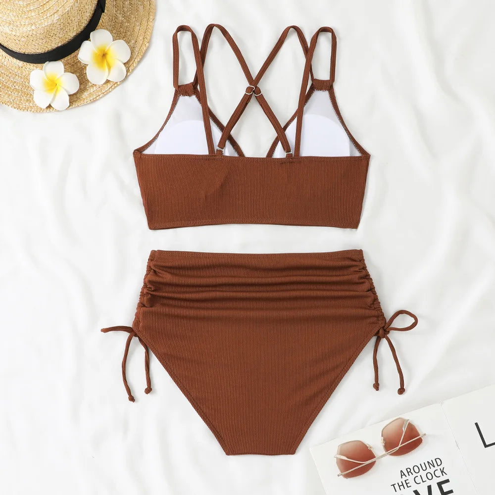 Women's Two Piece Swimsuit Black Double Strap Push Up Pleate Drawstring Side High Waist Bikini 2025 Beach Bathing Suit Swimwear