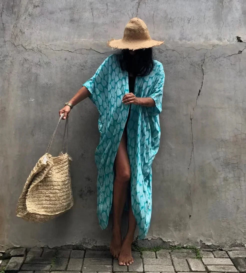 2024 New Summer Sexy Beach Kimono Swimwear Cotton Cover Up Swimsuit Women Print Bikini Cover Up Beachwear Dress Robe