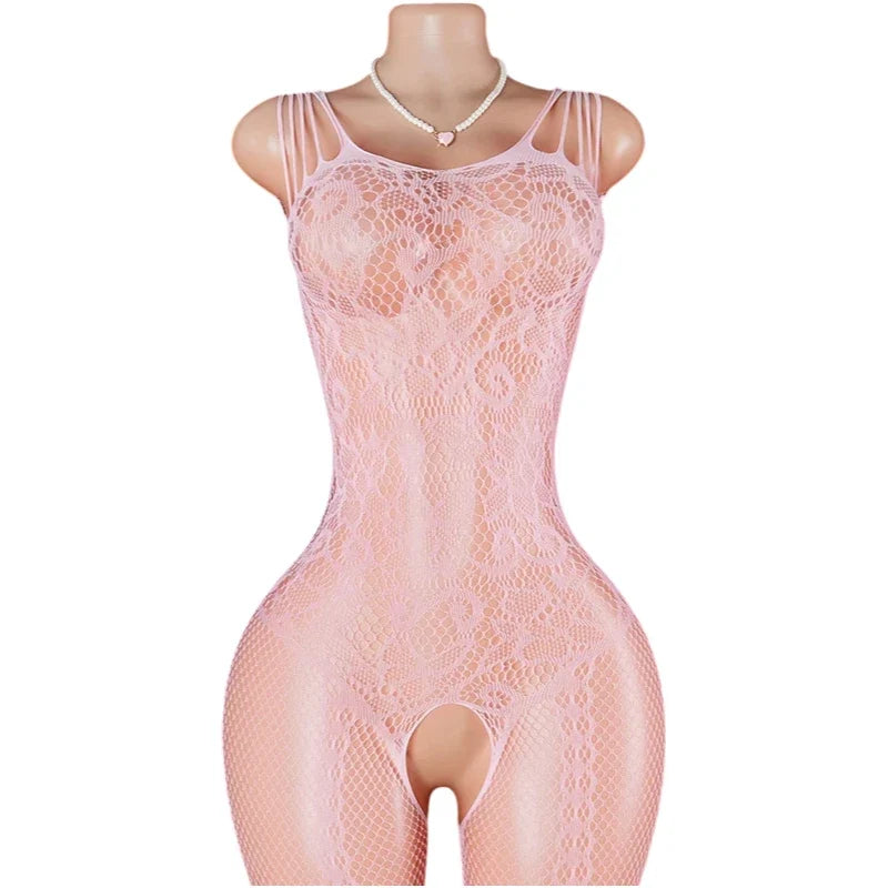 Pink Sexy Lingerie Mesh Bodystockings Teddy Crotchless Fishnet Hollow Open Bra Underwear Erotic Clothing Sexy Lace Bodysuit
